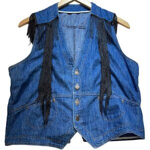 Womens Button Front Denim Vest M/L Sleeveless Stretch Blue Black Fringe